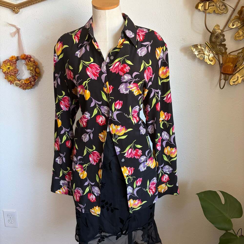 Vintage Silx Floral Tulip Print Button-Down Long Sleeve Blouse L